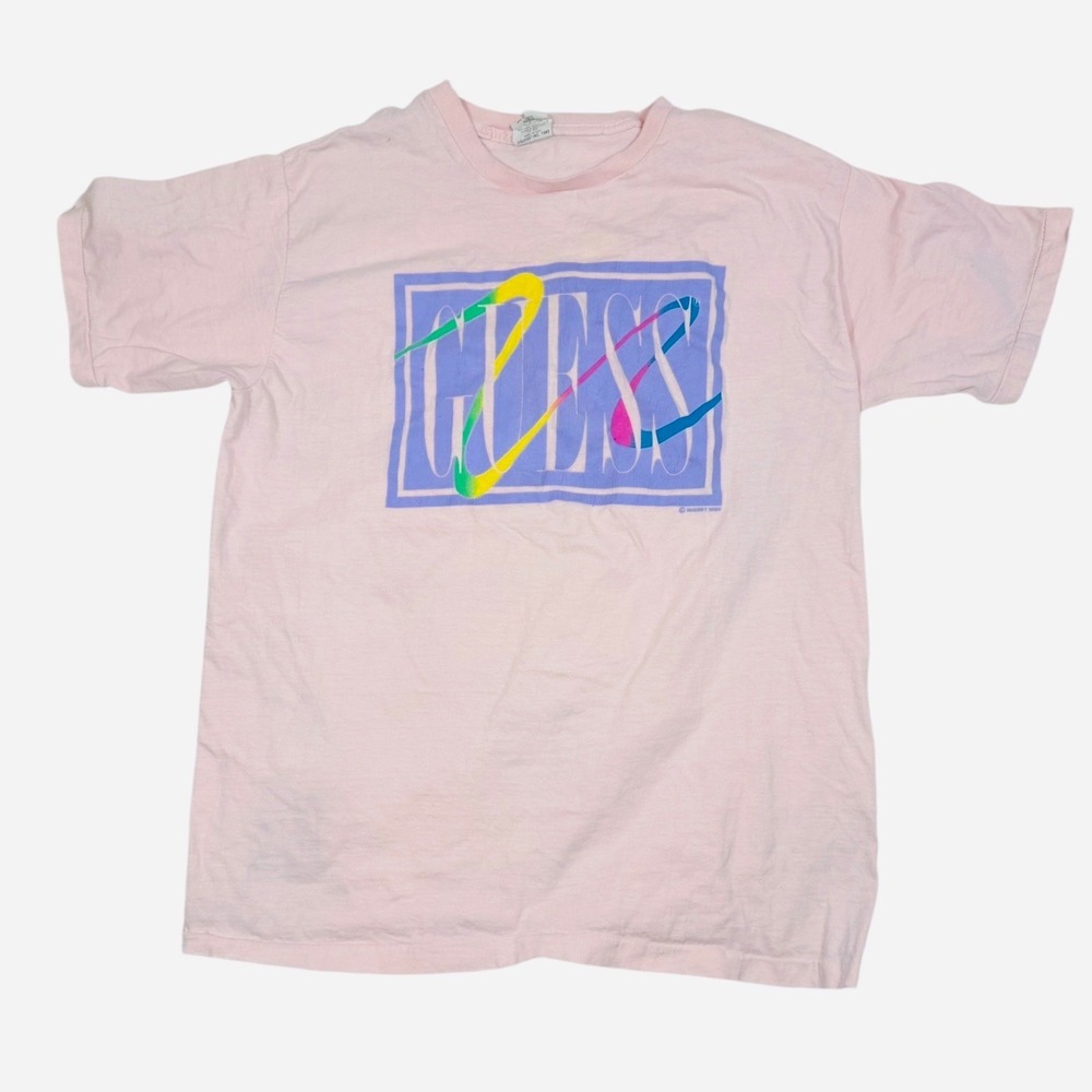 Vintage 80's Guess Graphic Tee Womens OSFA Pink Made USA Neon Georges Marciano